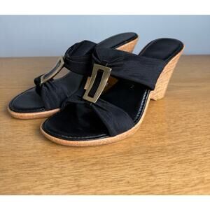 Made In Italy Italian Shoemakers Leather Black Wedge Sandals Heels SZ 7 Y2K